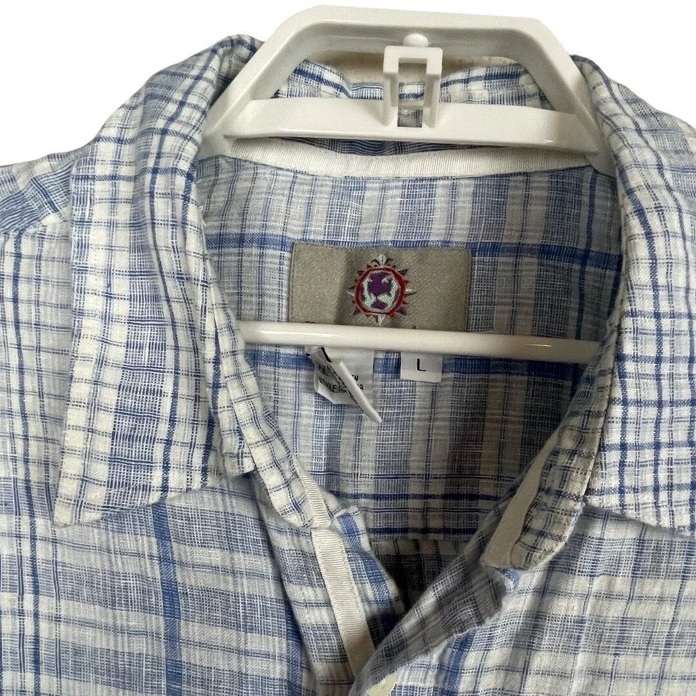 The Territory Ahead Linen Shirt Mens Large Blue White Plaid Long Sleeve Casual